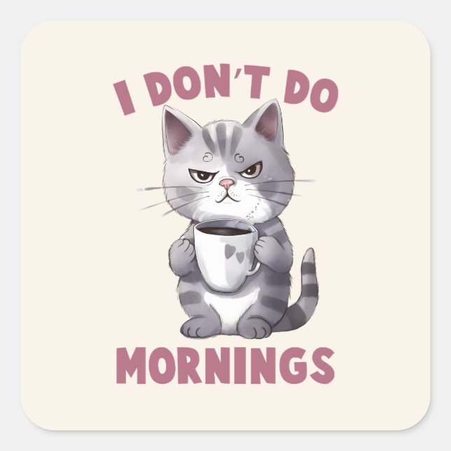 Sticker Carré Je ne fais pas le matin - Chat gris avec café (Devant)