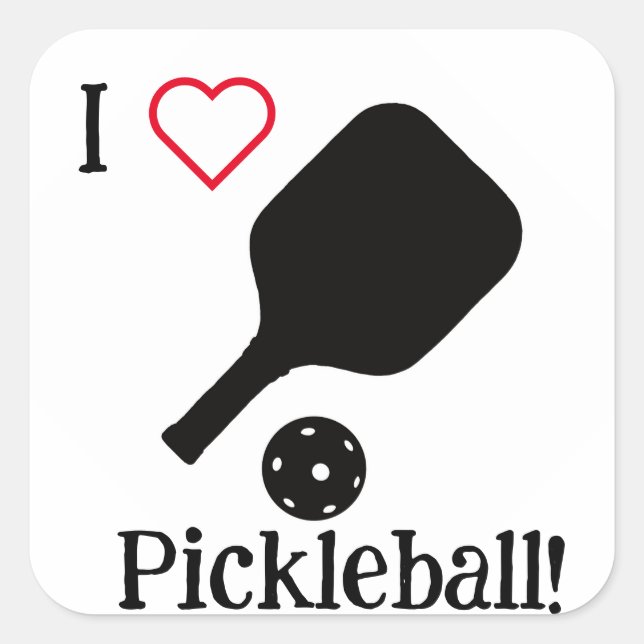 Sticker Carré Je ❤️ Pickleball en noir, blanc et rouge autocolla (Devant)