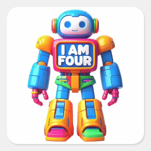 Sticker Carré Je suis quatre Robot pour enfants 4e Anniversaire  (Devant)