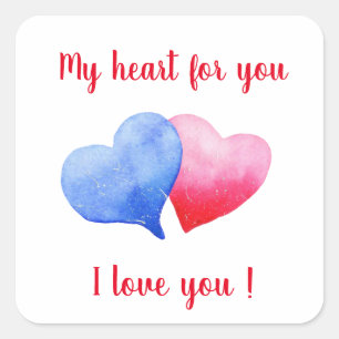 Sticker Carré Je t'aime aquarelle cœur rouge et bleu