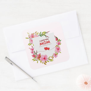 Sticker Carré "Je t'aime Maman" Bonne Fête des Mères Floral