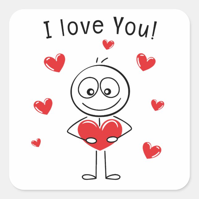 Sticker Carré Je t'aime Stick Figure Cœurs Mignons (Devant)