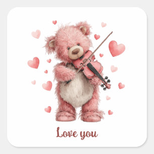 Sticker Carré Je t'aime Teddy au violon