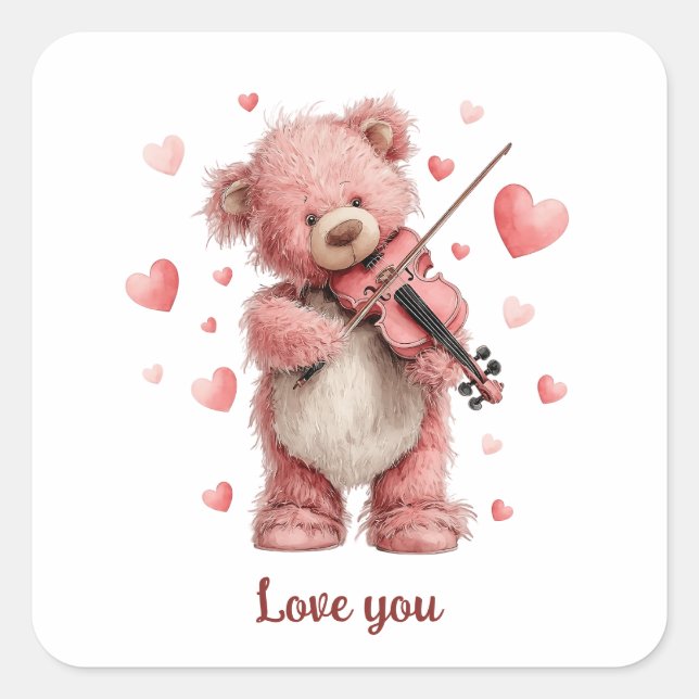 Sticker Carré Je t'aime Teddy au violon (Devant)