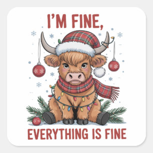 Sticker Carré Je vais bien Tout va bien Noël Vache des Highlands