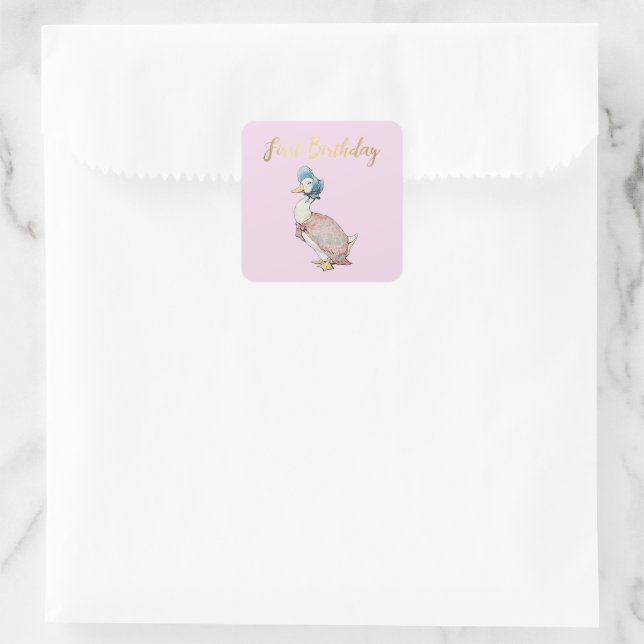 Sticker Carré Jemima Puddle Duck "Premier anniversaire" Texte (Sac)