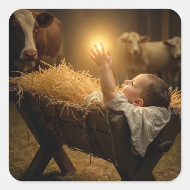 Sticker Carré Jésus bébé de Noël dans une crèche (Devant)