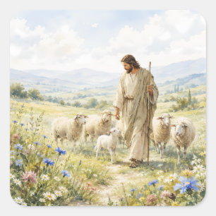 Sticker Carré Jésus Bon Pasteur Aquarelle Fleur Sauvage