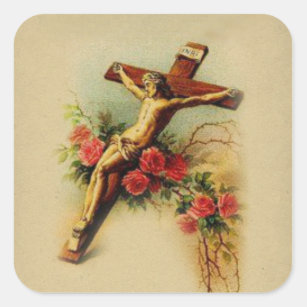 Sticker Carré Jésus catholique sur des roses de crucifix