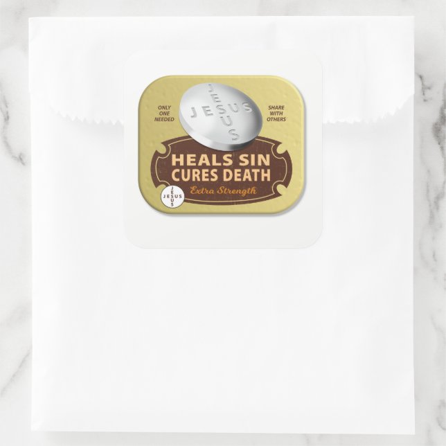 Sticker Carré Jesus Cures Pill - Christian Heures Foi Dieu (Sac)