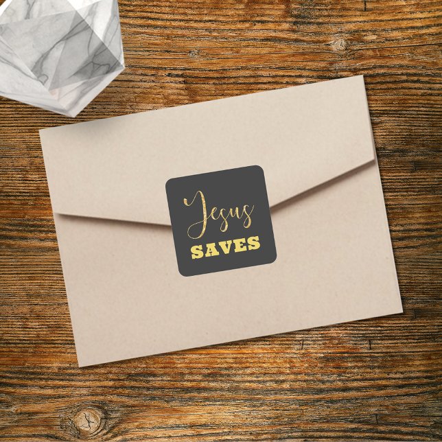 Sticker Carré Jesus Saves Yellow Gold Parties scintillant (Créateur téléchargé)