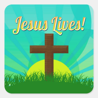 Sticker Carré Jésus vit en bleu/Brown Croix de Pâques chrétienne