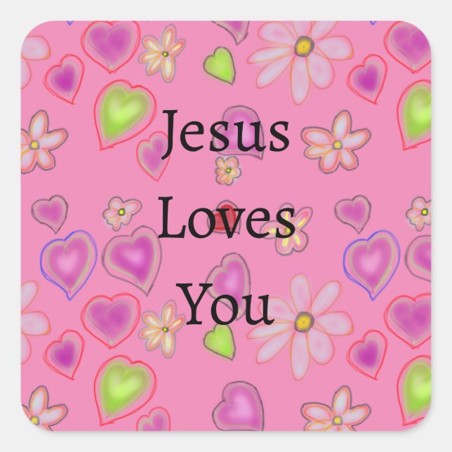 Sticker Carré Jesus Vous Aime Coeurs Rose  (Devant)
