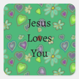 Sticker Carré Jésus vous aime cœurs violets verts