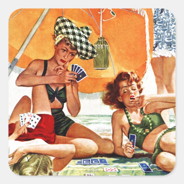 Sticker Carré Jeu de cartes à la plage par Alex Ross (Devant)