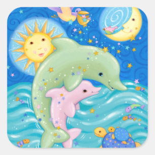 Sticker Carré Jeu de dauphins