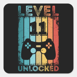 Sticker Carré Jeu de niveau 11 Déverrouillé 11e Gamer Cadeaux 