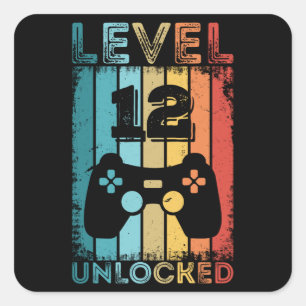 Sticker Carré Jeu de niveau 12 déverrouillé 12e Gamer Cadeaux 