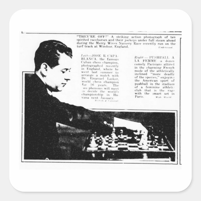 Sticker Carré Jeu d'échecs vintage Capablanca Master Newspaper (Devant)