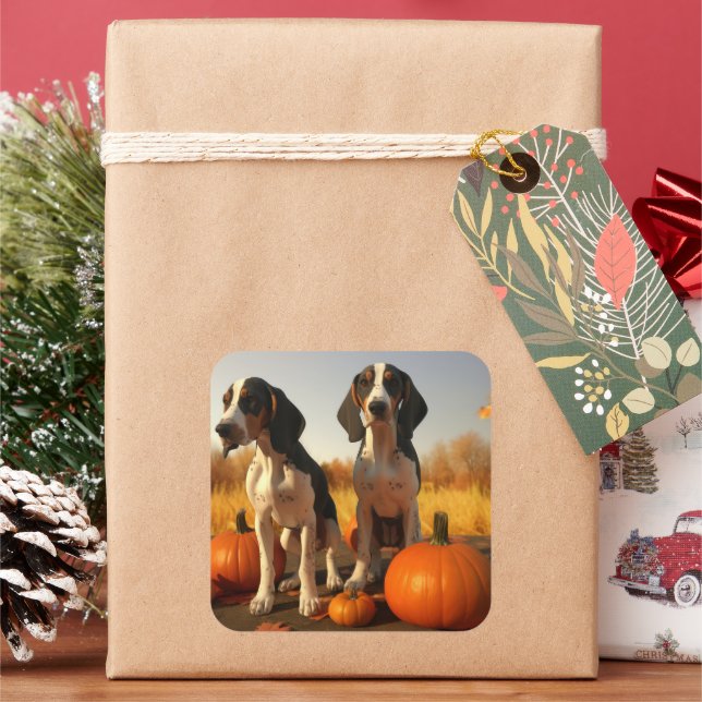 Sticker Carré Jeune Coonhound de Treeing Walker Automne Citrouil (vacances)