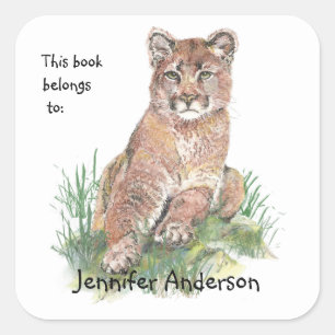 Sticker Carré Jeune Cougar Watercolor Animal Custom Bossier