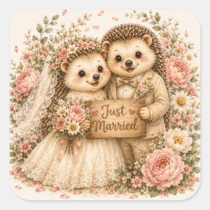 Sticker Carré Jeune Couple de Hérissons Mariés - Art Aquarelle