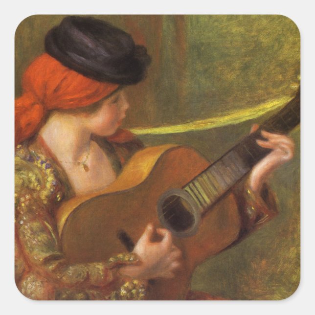 Sticker Carré Jeune Espagnole avec guitare par Pierre Renoir (Devant)