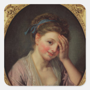 Sticker Carré Jeune fille avec un rose