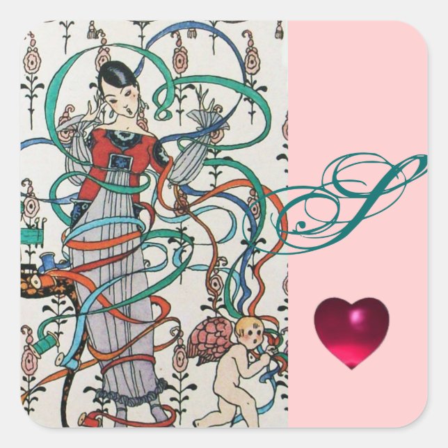 STICKER CARRÉ JEUNE FILLE, COLORÉE DES ÉPAULES DE RIBBON, MONOGR (Devant)