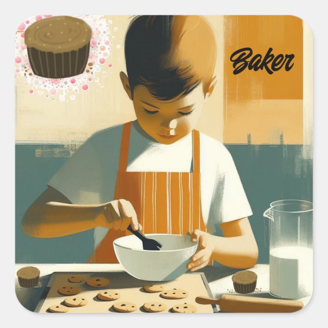 Sticker Carré Jeune garçon pâtissier (Devant)