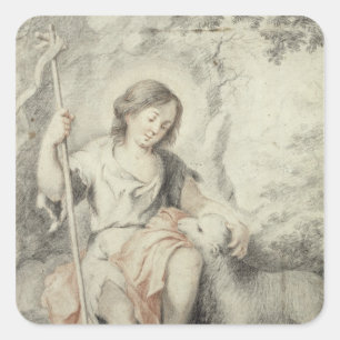 Sticker Carré Jeune John avec l'agneau dans un paysage