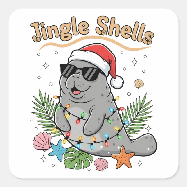 Sticker Carré Jingle Shells Tropical Santa Lamantin Noël (Devant)