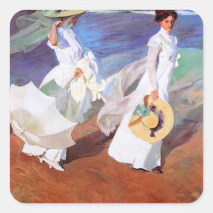 Sticker Carré Joaquin Sorolla Femmes Promenade Plage