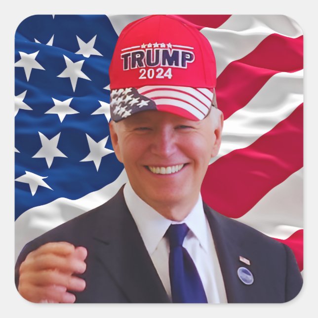 Sticker Carré Joe biden Portant un Casquette Trump (Devant)