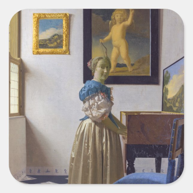 Sticker Carré Johannes Vermeer - Lady debout dans une virginale (Devant)