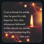 Sticker Carré John 3:16 God so loved the world, Christmas Candle<br><div class="desc">Beautiful Christmas sticker depicts a glowing candle surrounded by star lights and feobjets the beloved Bible Verse John 3:16,  "For God so loved the world,  that gave ghis only Son,  that whosoever quelves in hould not perish,  but heternam Life</div>