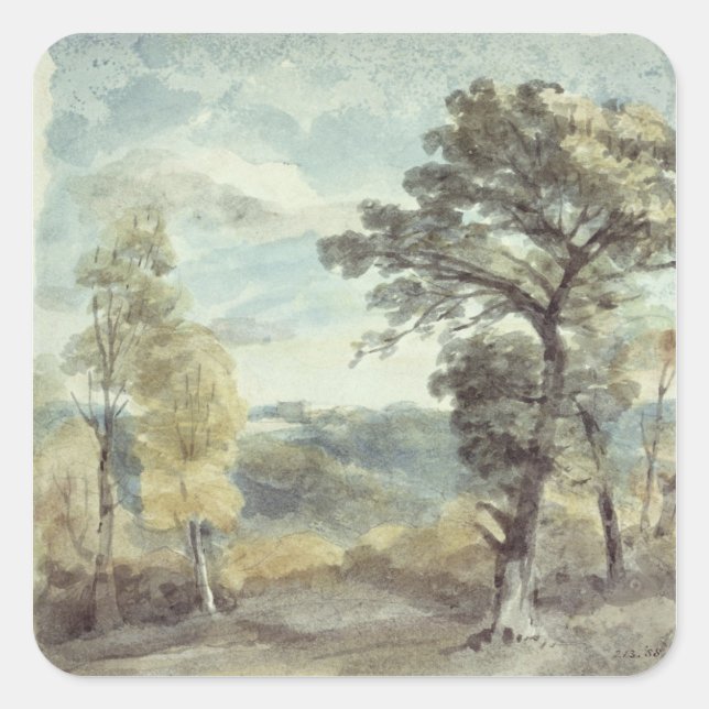 Sticker Carré John Constable | Paysage avec arbres et un Distan (Devant)