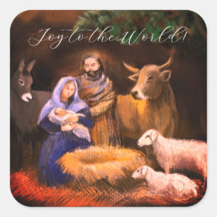 Sticker Carré Joie au monde, crèche, carte de Noël