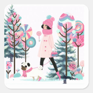 Sticker Carré Joie de Bonbons Fille Promenant son Chien 