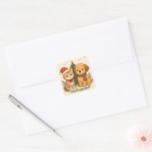 Sticker Carré Joie de Noël de chiot et chaton