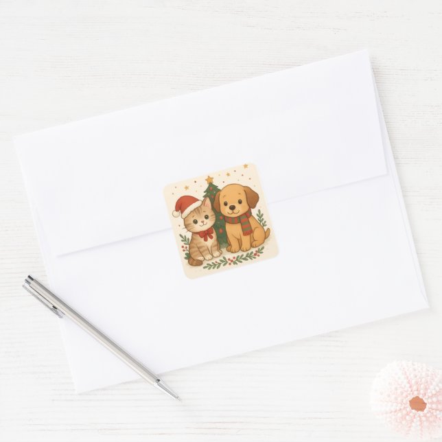 Sticker Carré Joie de Noël de chiot et chaton (Enveloppe)