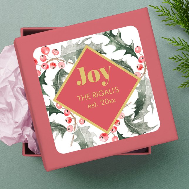 Sticker Carré Joie de Noël de la verdure botanique (Christmas gift tags in sticker format personalized with your name.)