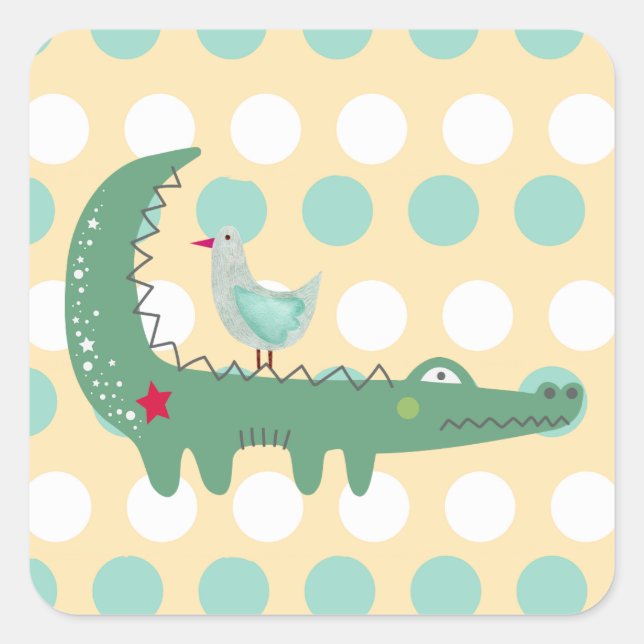 Sticker Carré Joli Alligator Vert avec des Points de Mouette (Devant)