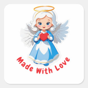 Sticker Carré 😇 Joli Ange Tenant un Cœur Rouge avec des Ailes B