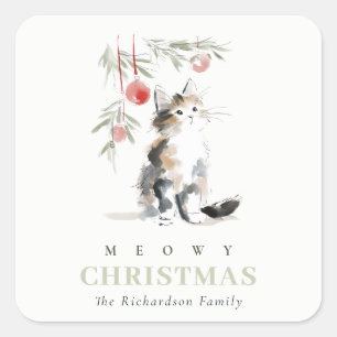 Sticker Carré Joli Arbre de Noël Chat Aquarelle Moderne