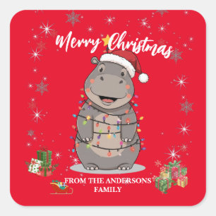 Sticker Carré Joli arbre de Noël hippopotame safari zoo Xmas car