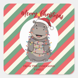 Sticker Carré Joli arbre de Noël hippopotame zoo safari Xmas car