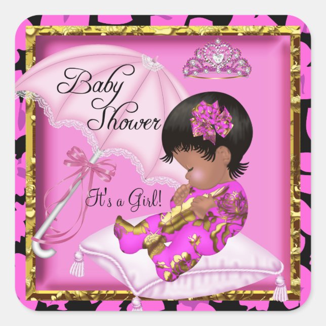 Sticker Carré Joli Baby shower afro-américain léopard rose (Devant)