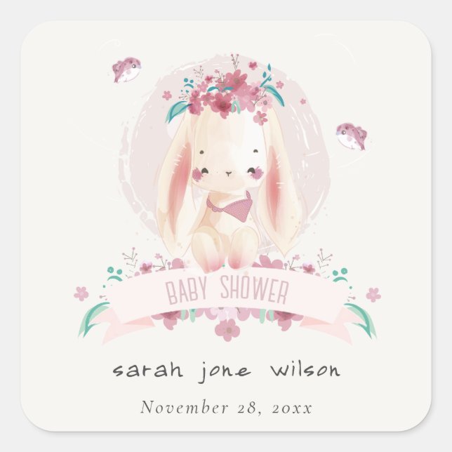 Sticker Carré Joli Baby shower de lapin et d'oiseaux rose et élé (Devant)