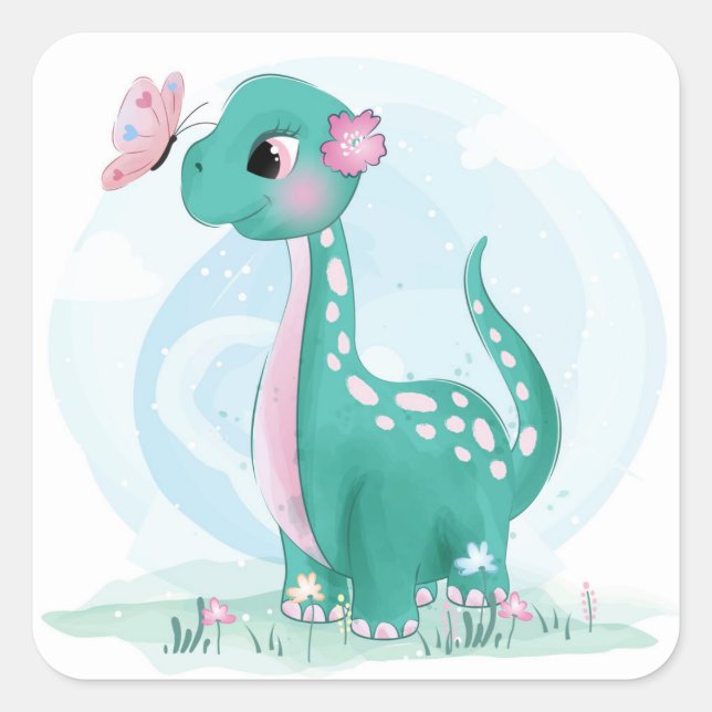Sticker Carré Joli Baby shower de papillon Dinosaure rose Turquo (Devant)